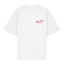 White t-shirt with red text on a white background