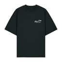 Black t-shirt with white text on a white background