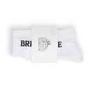 A pair of white ribbed crew socks folded together with a white paper band. The socks feature black text reading 'BRI' on one side and 'E' on the other, with the paper band displaying the brand name 'Last Resort AB' and a small globe graphic.