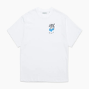 A white short-sleeve crewneck t-shirt with a small graphic on the left chest depicting blue berries on a leaf with the text 'the berry life' written below in black script.