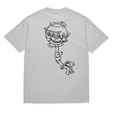 A light heather gray short-sleeve t-shirt showing the back side, which features a black line art graphic of a hand holding a large, round, cartoonish character.