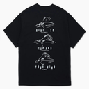 A black short-sleeve t-shirt with a white graphic print on the front showing three stylized bird illustrations and the text 'HERE TO EXPAND YOUR MIND'.
