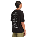 A man wearing a black t-shirt with a large white graphic print on the back, shown from a rear three-quarter view against a plain white background.