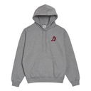 A heather gray Last Resort AB pullover hoodie with a small red embroidered graphic on the left chest, displayed against a solid white background.