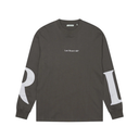 A dark gray long-sleeve t-shirt with white graphic lettering on both sleeves and 'Last Resort AB' printed in white on the chest, shown against a plain white background.