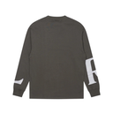 Dark gray long-sleeve shirt with white lettering on sleeves against a white background