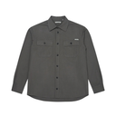 A dark gray Last Resort long-sleeve button-up shirt with two buttoned chest pockets, displayed flat against a solid white background.