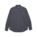 A long-sleeve button-up shirt with a small-scale navy and white gingham check pattern, featuring a classic collar, white buttons, and a single chest pocket with a small white brand label.