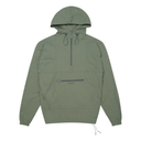An olive green hooded windbreaker jacket with a half-zip front, a zippered chest pocket, and drawstring details, shown against a plain white background.