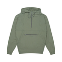 An olive green hooded pullover jacket with a half-zip front, drawstrings, and a zippered chest pocket, shown flat against a white background.