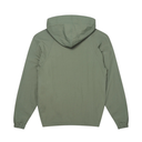 An olive green hooded jacket shown from the back, featuring a simple design with long sleeves and elastic cuffs, photographed against a solid white background.