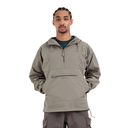 A man wearing a light gray hooded anorak jacket with a half-zip front and a zippered chest pocket, layered over a dark green t-shirt and paired with dark gray cargo pants, set against a plain white background.