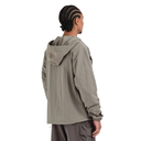 A man shown from the back wearing a light gray hooded jacket and dark cargo pants against a plain white background.
