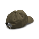 An olive green baseball cap shown from a rear three-quarter angle, featuring a curved brim and an adjustable snap strap, on a clean white background.