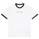 White t-shirt with black ringer sleeves on a white background