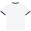 White t-shirt with black ringer sleeves on a white background
