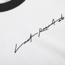 White shirt with black text logo on a white background