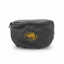 A dark gray fabric pouch with a top zipper and a yellow embroidered beaver logo on the front, set against a plain white background.