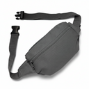 A dark gray fabric waist bag with a zippered main compartment and an adjustable webbing strap with black plastic quick-release buckles, shown on a plain white background.