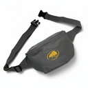 A dark gray waist bag with a black adjustable strap and a yellow embroidered logo on the front, displayed on a solid white background.