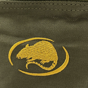 Close-up of olive green woven fabric with a yellow embroidered mouse logo inside a curved outline.