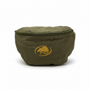An olive green canvas waist bag with a top zipper and a yellow embroidered beaver logo on the front, set against a plain white background.