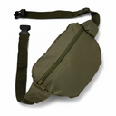 An olive green tactical waist bag with a matching adjustable webbing strap and black plastic buckles, displayed on a clean white background.