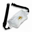 A white fabric fanny pack with a black adjustable strap and a gold beaver logo on the front, displayed on a clean white background.