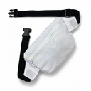 A white waist bag with a black adjustable strap and plastic buckle, shown on a plain white background.