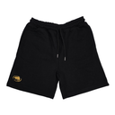 Black sweat shorts with a drawstring waist and a small gold circular logo on the left leg, shown against a plain white background.