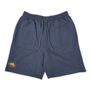 A pair of navy blue athletic shorts with a matching elastic waistband and drawstring, featuring a small yellow embroidered logo on the lower left leg, shown against a plain white background.