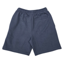 A pair of dark navy blue sweat shorts with an elastic waistband and a side pocket, shown from the back on a white background.