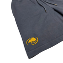 Close-up of dark gray athletic shorts with a yellow embroidered mouse logo on the lower left leg and a matching drawstring, shown on a white background.