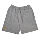 A pair of heather gray drawstring shorts with a small gold embroidered logo on the lower left leg, displayed flat against a white background.