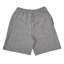 A pair of heather gray athletic shorts with an elastic waistband and side pockets, shown from the back on a white background.