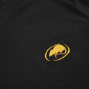 Close-up of a black knit garment featuring a small yellow embroidered mouse logo on the chest.