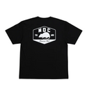 Black t-shirt with a white MOC Gas Station logo on the back against a white background