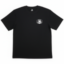 Black t-shirt with the MOC Gas Station Rat white logo on a white background