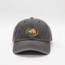 A gray washed baseball cap with a gold embroidered beaver logo on the front, displayed on a white surface against a light gray background.