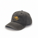 A dark gray washed cotton baseball cap with a yellow embroidered logo on the front, displayed on a white surface.