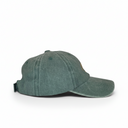A washed dark green baseball cap shown from a side profile view against a plain white background.