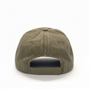 The back view of a washed olive green baseball cap on a white surface with a gray background.