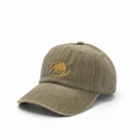 A washed olive green baseball cap featuring a gold embroidered logo of a bird inside a circle on the front, set against a plain white background.