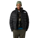 Person wearing a black puffer jacket with 'The North Face' logo on a gray background