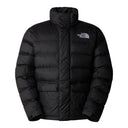 Black puffer jacket with The North Face logo on a white background