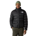 Person wearing a black puffer jacket with 'The North Face' logo on a gray background