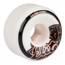 Skateboard wheel with white center, black rim, and orange text on a white background