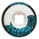 A single skateboard wheel shown from a top-down angle on a white background. The wheel is white with black and bright blue graphics and text, including 'OJS EZ EDGE SHAPE' and '54MM 101A'.