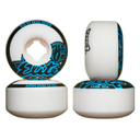 Four white skateboard wheels with blue and black graphics, showing the side, front, and back views on a white background.