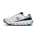 A white On running shoe with black and light blue accents, shown in a side profile on a white background.